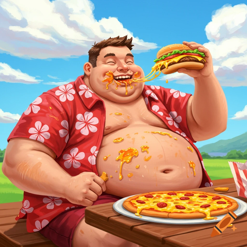 Large man in red Hawaiian shirt messily eats a cheeseburger and pizza at a picnic table in cartoon style.
