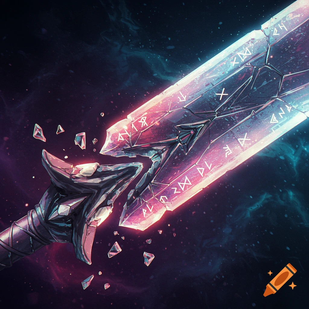 A broken, glowing magical sword with runes floats in space among scattered crystal fragments.