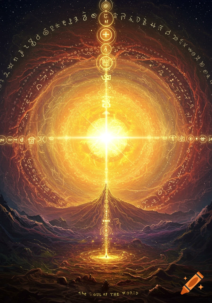 A spiritual, cosmic landscape with a glowing core radiating light and energy, surrounded by swirling symbols and lines of light extending vertically and horizontally.