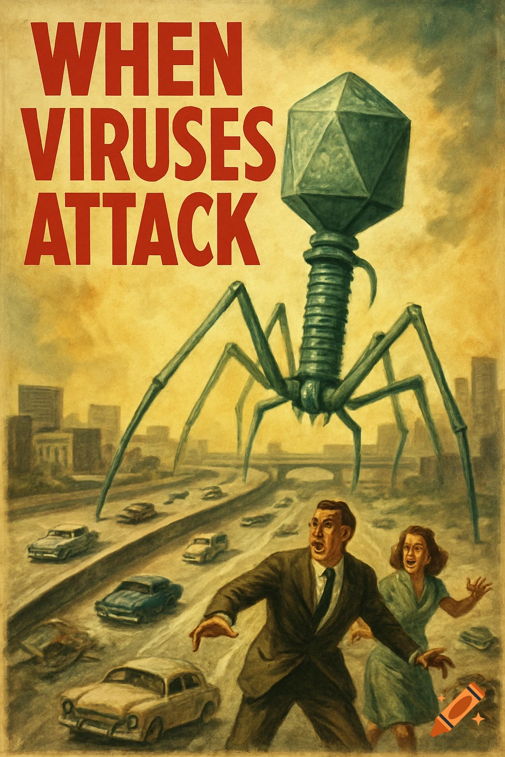 Retro sci-fi movie poster "WHEN VIRUSES ATTACK" shows a giant bacteriophage attacking a city with people fleeing.