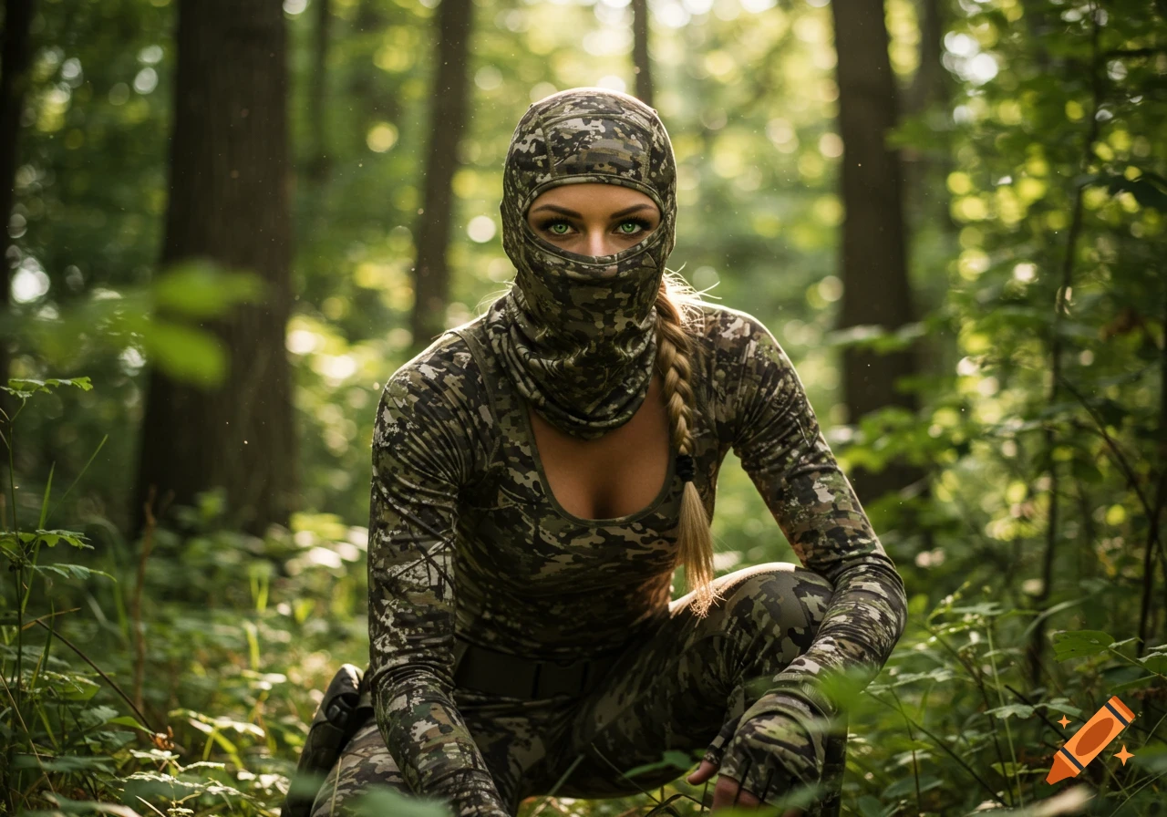 Woman in camouflage balaclava and gear crouched in a forest