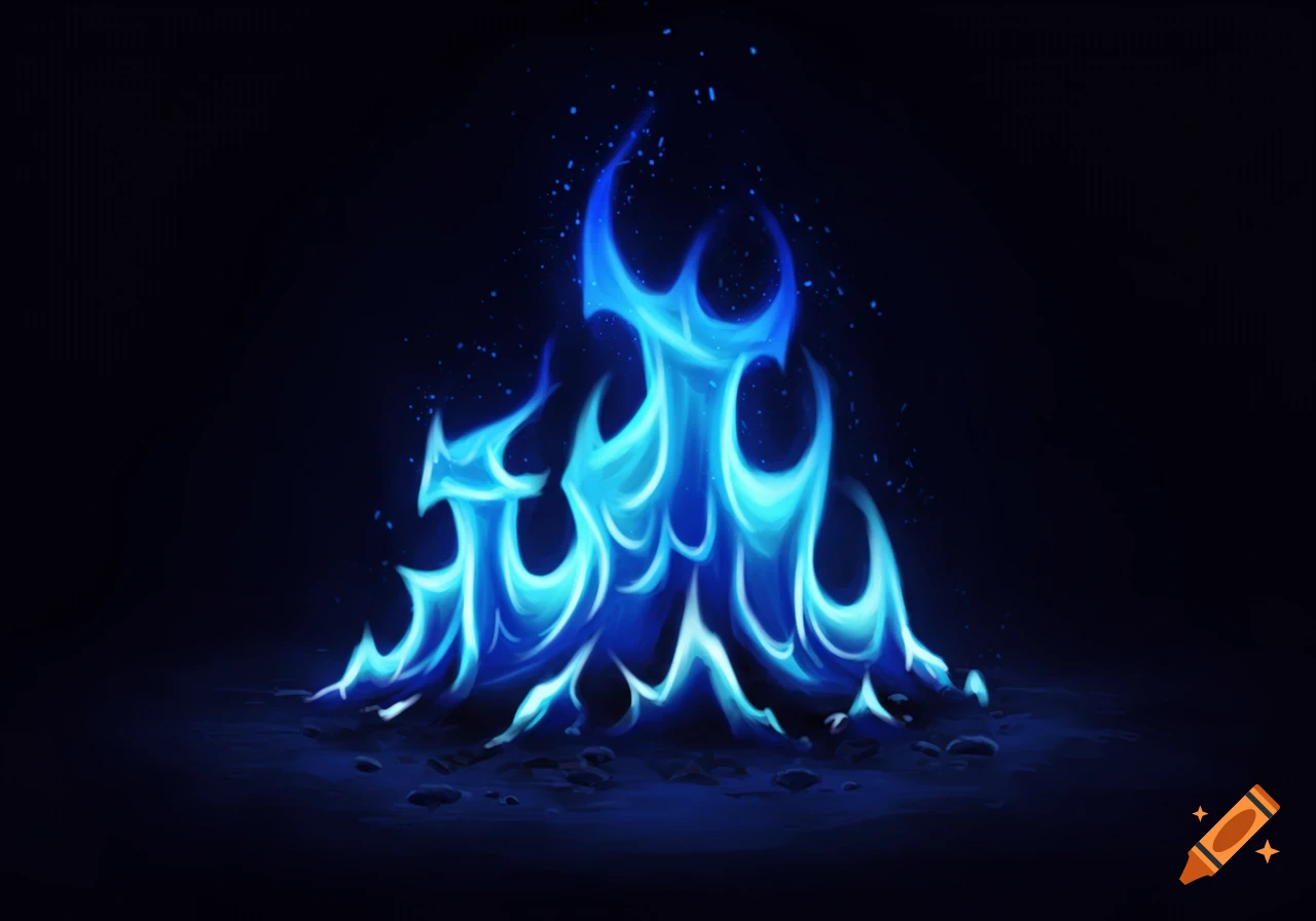 Stylized blue flame burns on a dark surface with sparks rising.