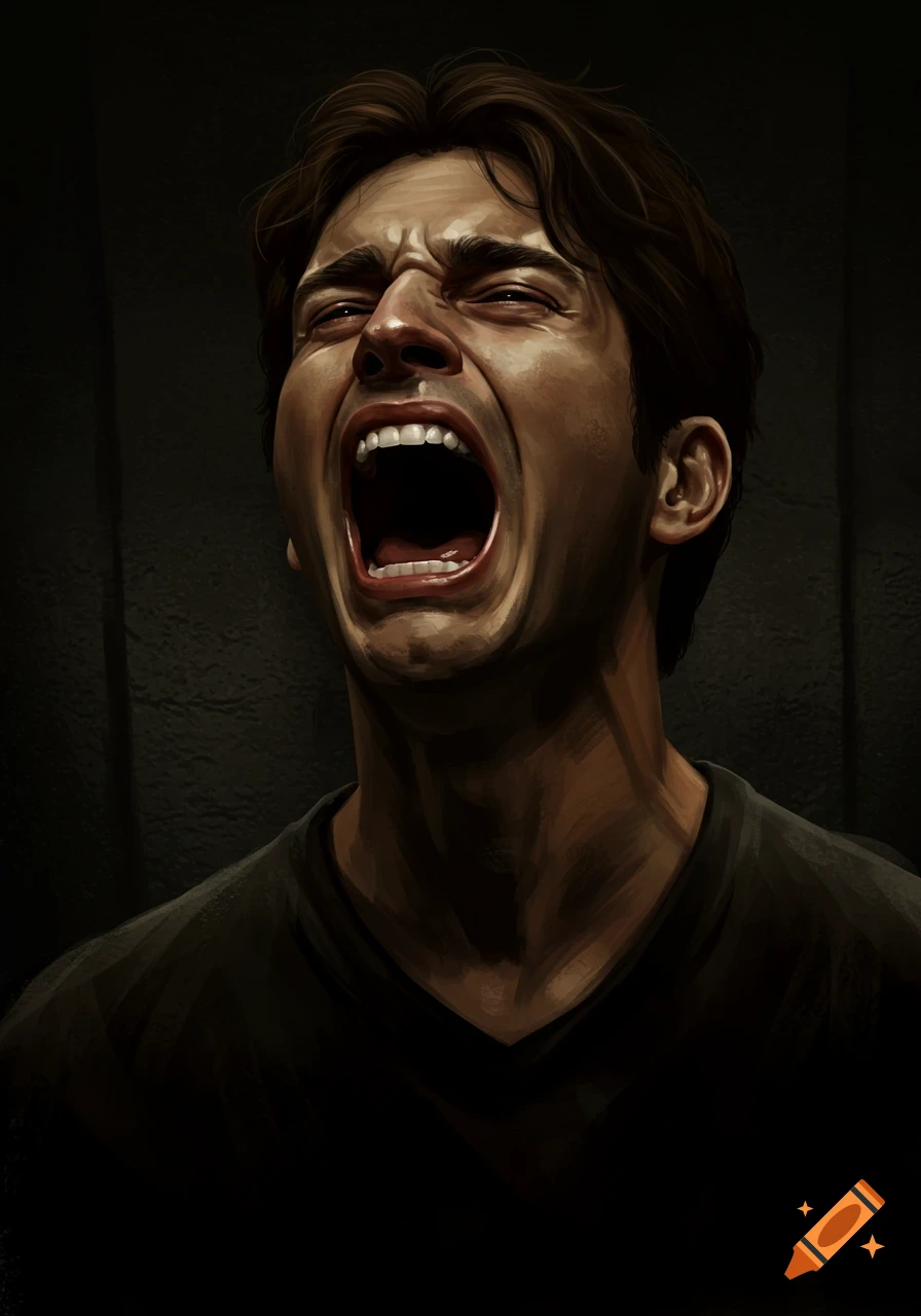 Digital painting of a man screaming in dramatic low light.