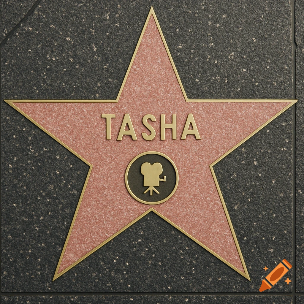 A Hollywood Walk of Fame star with the name TASHA and a movie camera icon embedded in the pavement.