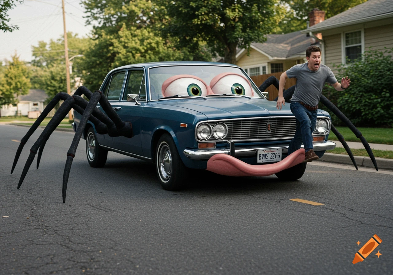 A photorealistic image of a blue car with large cartoon eyes and spider legs chasing a man down a residential street.