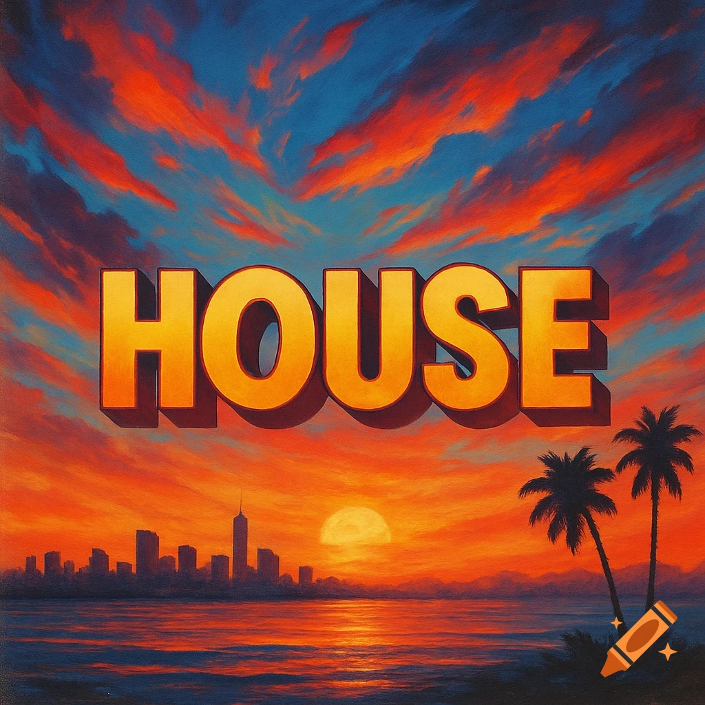 Large orange text 'HOUSE' over a vibrant sunset sky above a city skyline and water, with palm trees.
