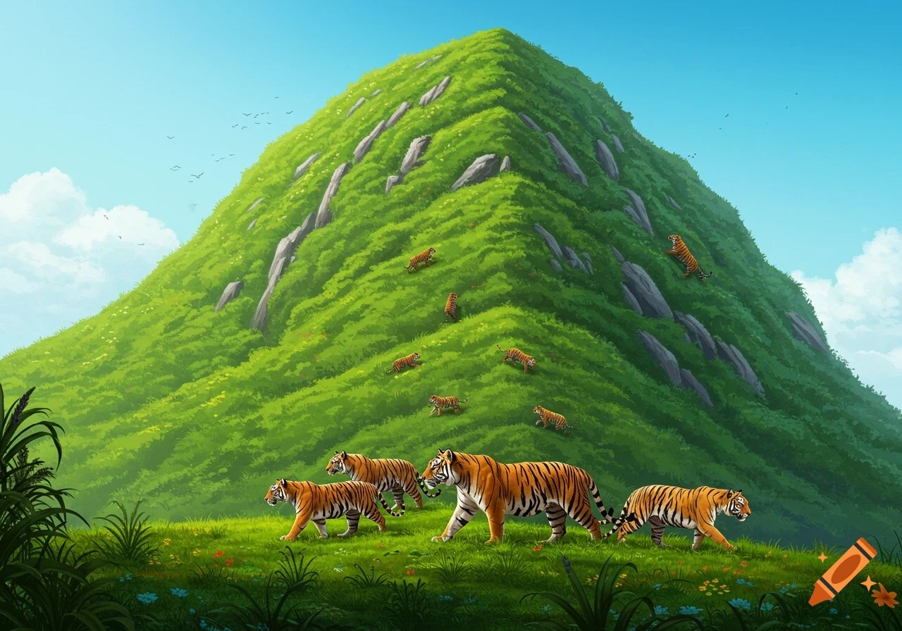 An illustration shows tigers on a green mountain.