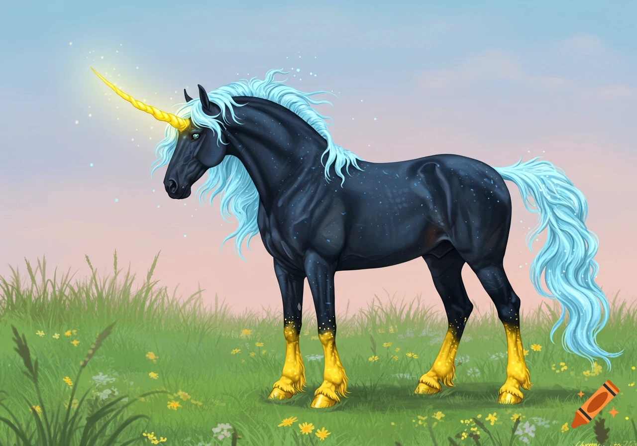 Digital painting of a dark blue unicorn with blue mane and tail, yellow horn and hooves, standing in a grassy meadow.