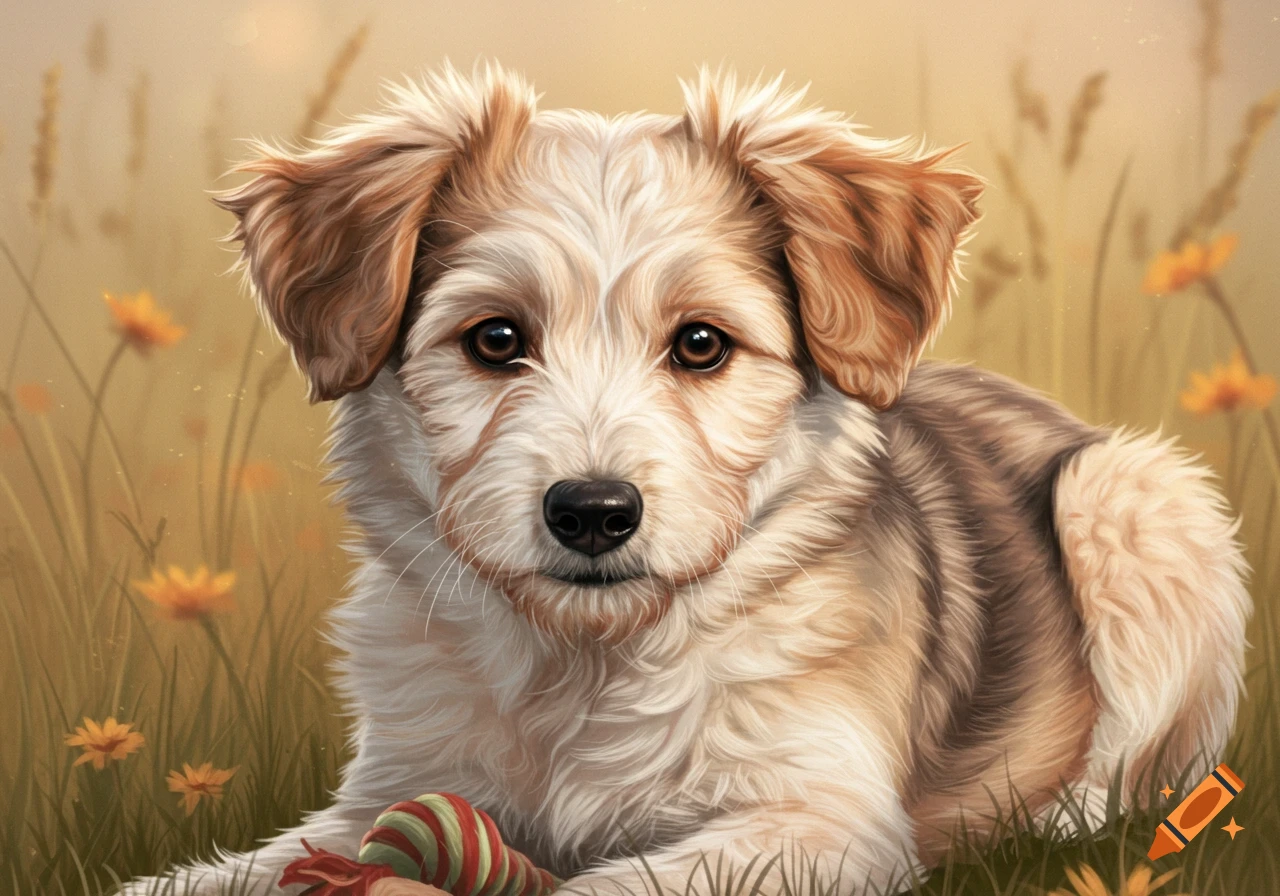Illustration of a cute puppy lying in a field with a toy. on Craiyon