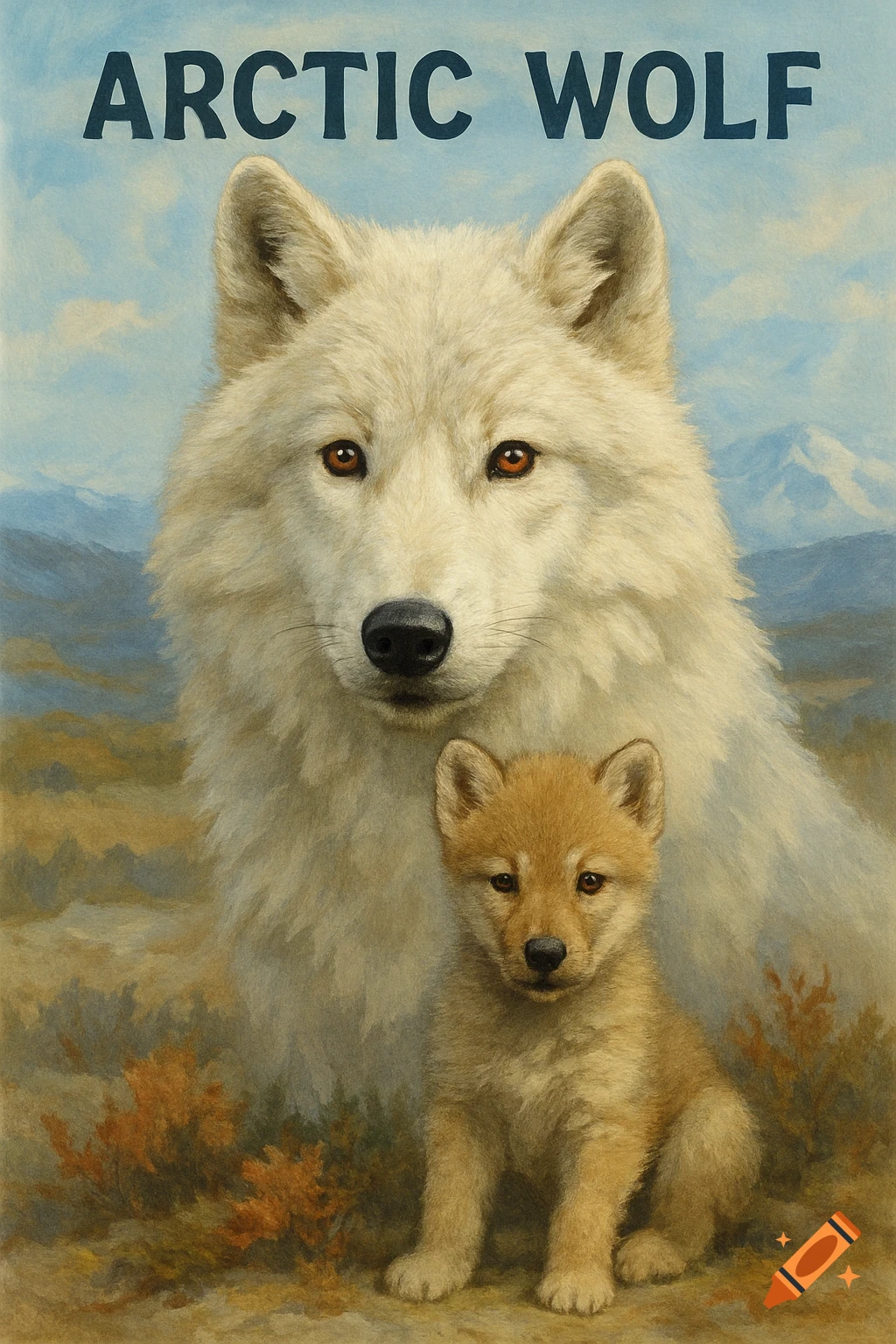 Painting of an arctic wolf and puppy in a tundra landscape with the text ARCTIC WOLF above.