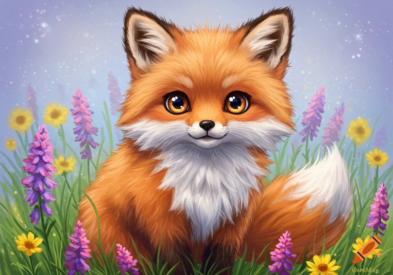 A cute cartoon fox with big eyes sits in a field of purple and yellow flowers, digital painting.