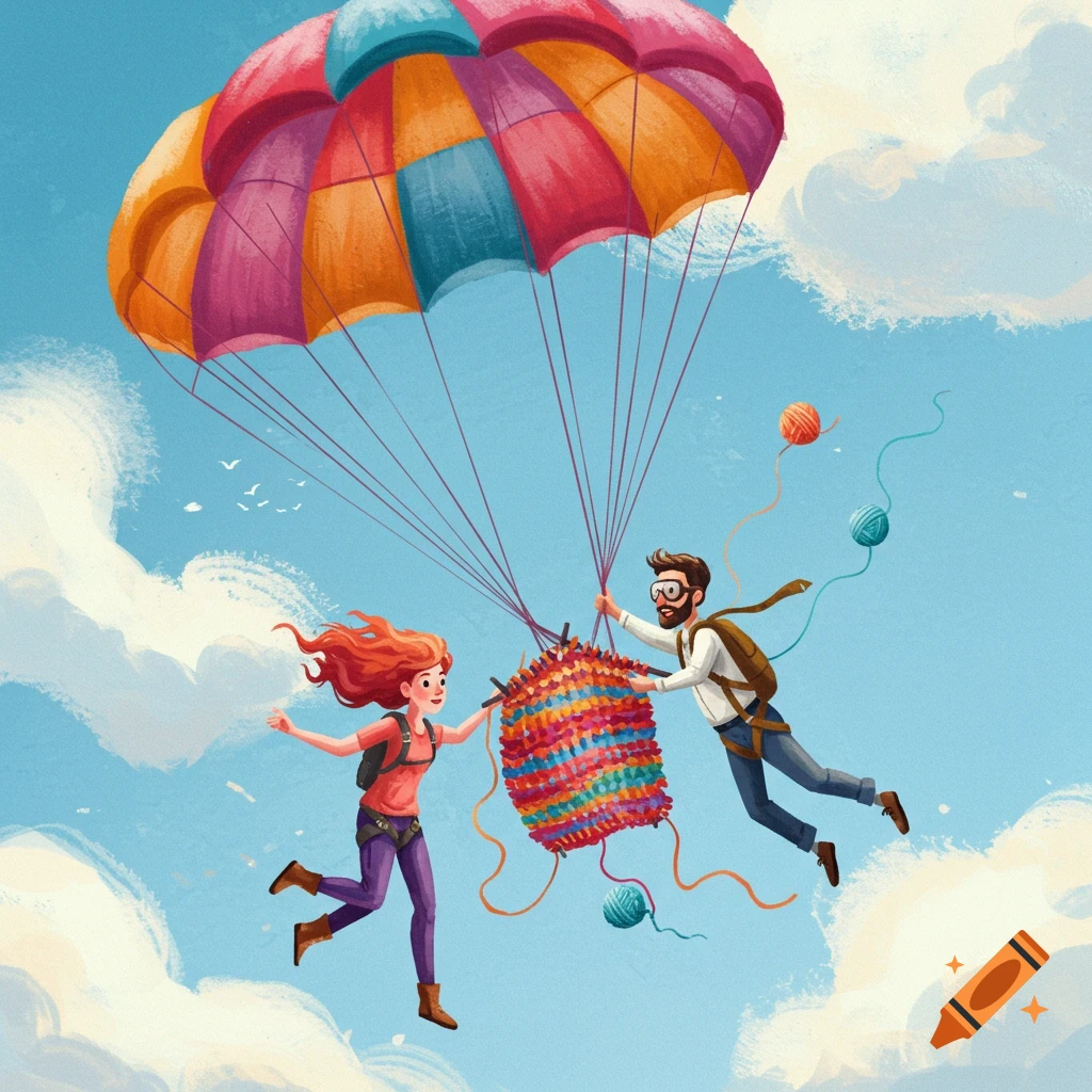 Two people knit a large, colorful yarn project while skydiving with a rainbow parachute.