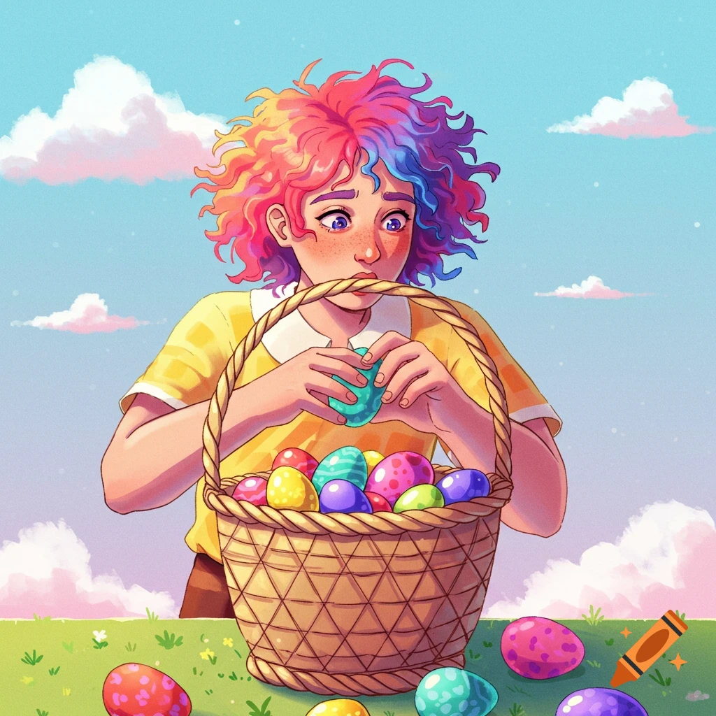 Person with colorful hair looking into a basket of Easter eggs