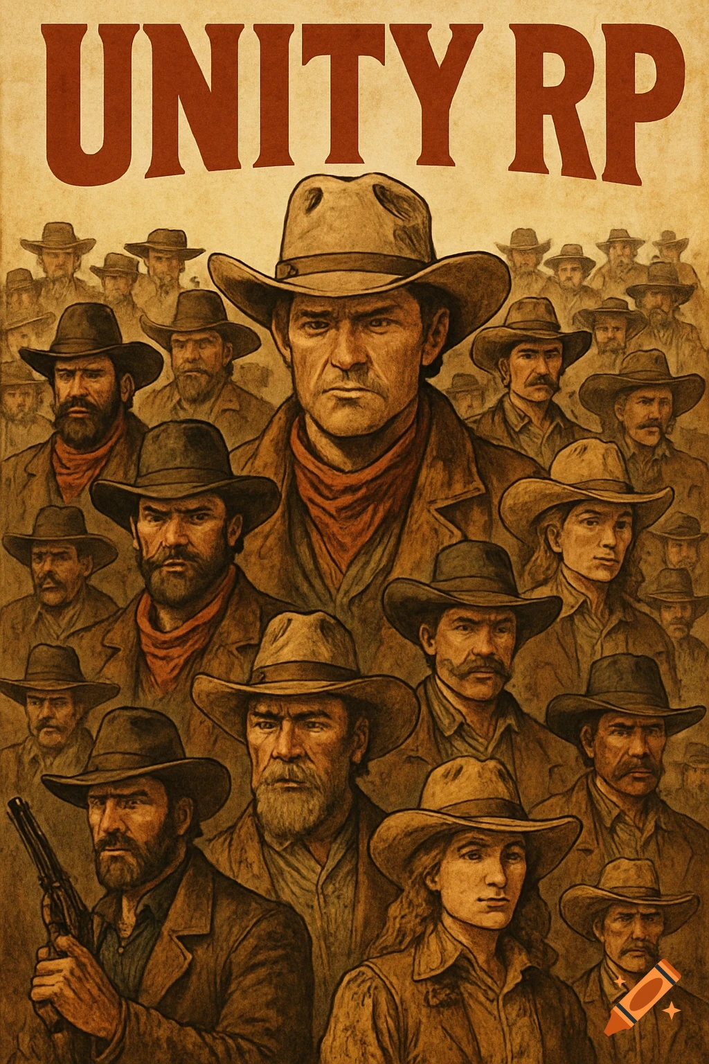 A vintage-style poster with the text "UNITY RP" above a large crowd of cowboys and cowgirls.