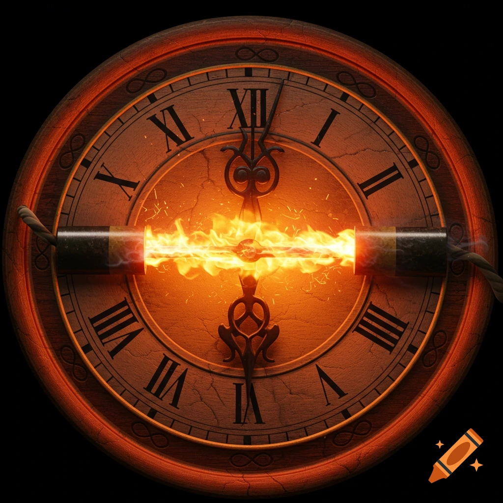 Close-up of a wooden clock face with Roman numerals, a lit fuse burning with fire through the center.