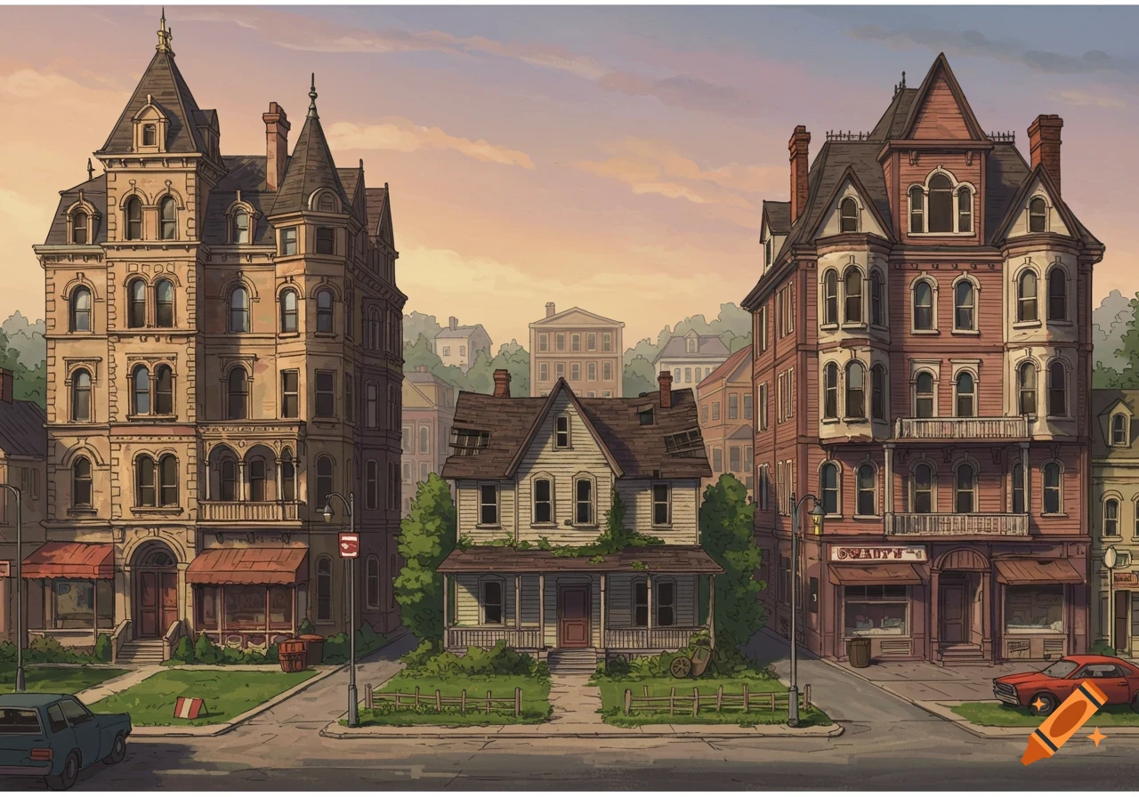 Illustration of a rundown house situated between two large ornate buildings in a town.