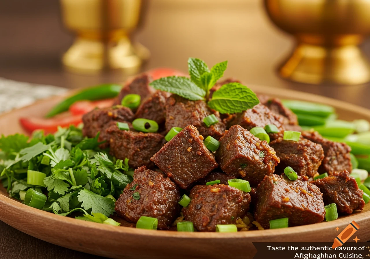 Cubes of meat garnished with herbs and vegetables on a wooden plate