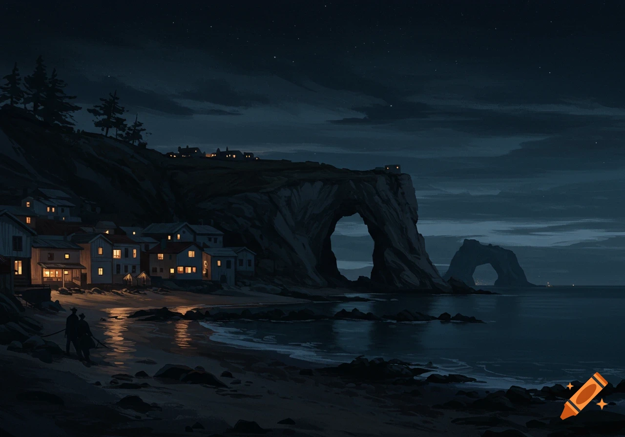 Dark illustration of a seaside town at night with houses nestled on a hill beside a beach, a large natural rock arch on the cliff, and figures walking on the sand.