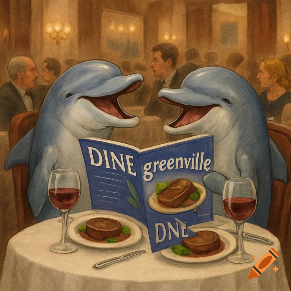 Two dolphins dine and laugh at a table in a crowded restaurant, reading a magazine and eating steak.