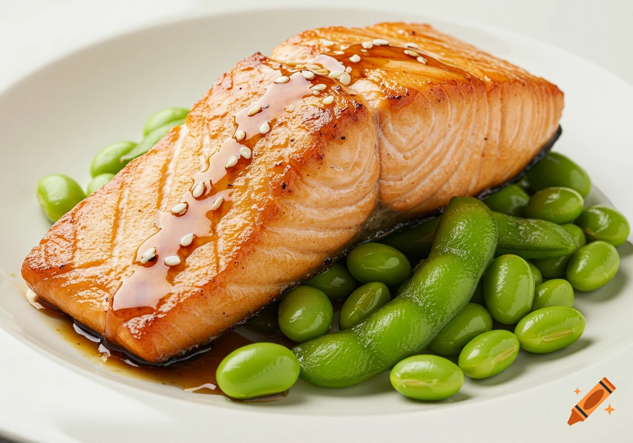 Grilled salmon with honey-soy glaze and edamame beans on a white plate.