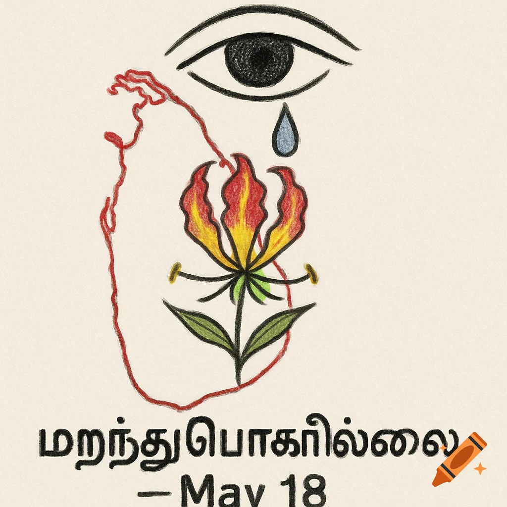Hand-drawn illustration of an eye shedding a tear onto a flower and a map-like outline, with text below.