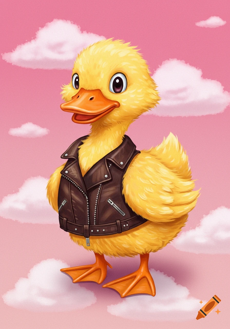 A cartoon yellow duck wears a leather jacket and stands on clouds in front of a pink sky.