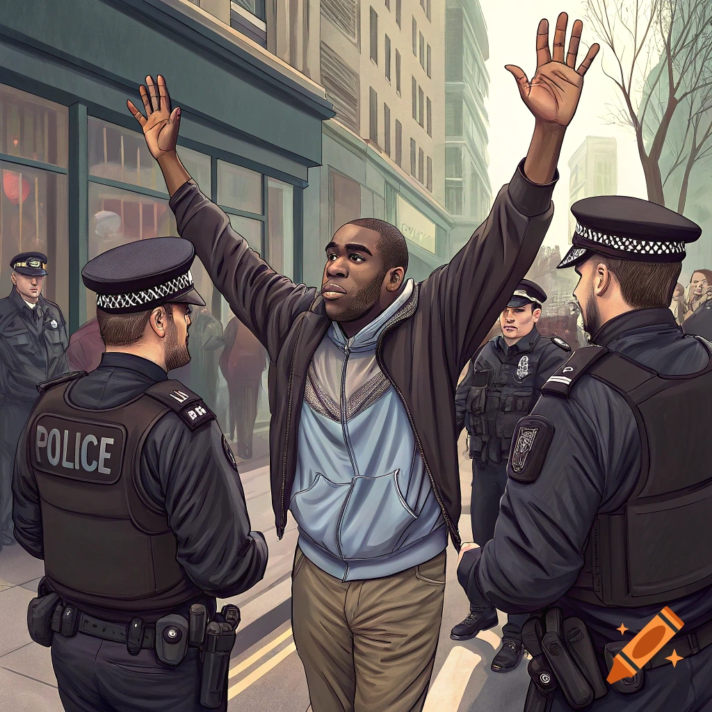 Illustration of a man with hands raised being apprehended by police on a street.