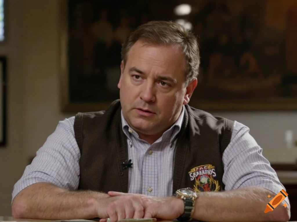 A man in a vest and plaid shirt sits at a table, wearing a watch and a logo.