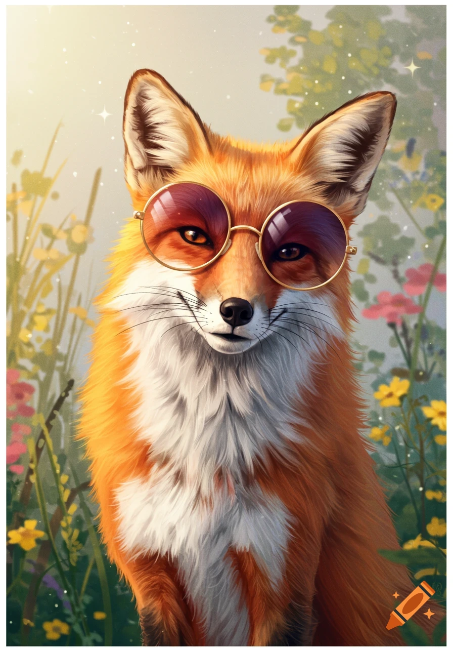 A fox wearing round sunglasses sits in a field of flowers.