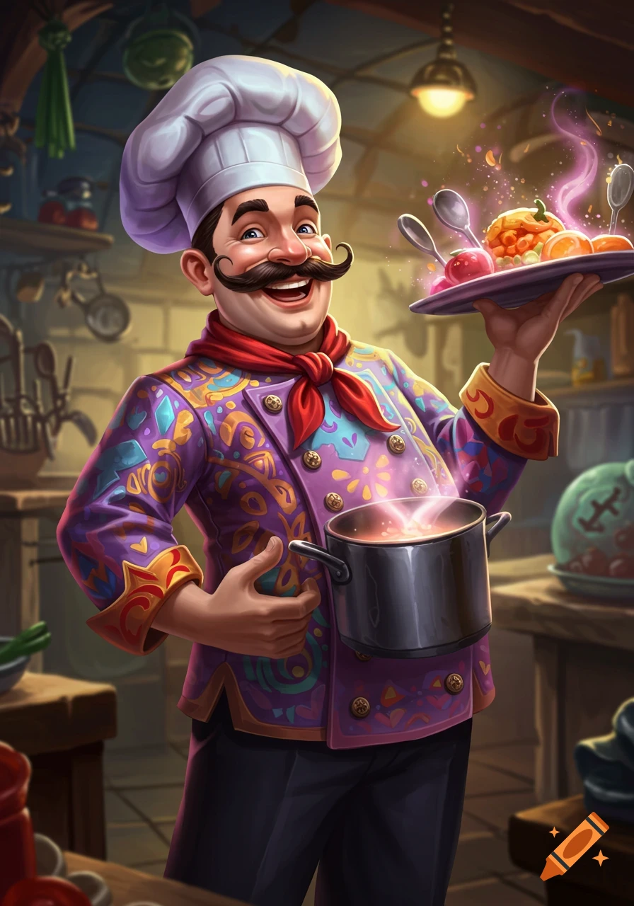 A vibrant illustration of a fantasy chef with a mustache holding a steaming pot and a plate of food in a kitchen.