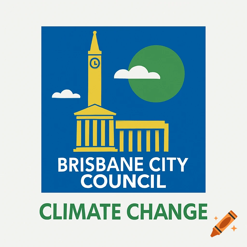 A blue and yellow logo for Brisbane City Council Climate Change, featuring a stylized building with a clock tower, sun, and clouds.