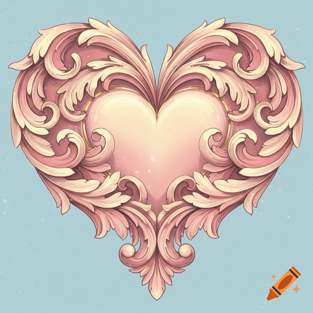 A pink and cream heart shaped rosette with rococo flourishes on a blue background.