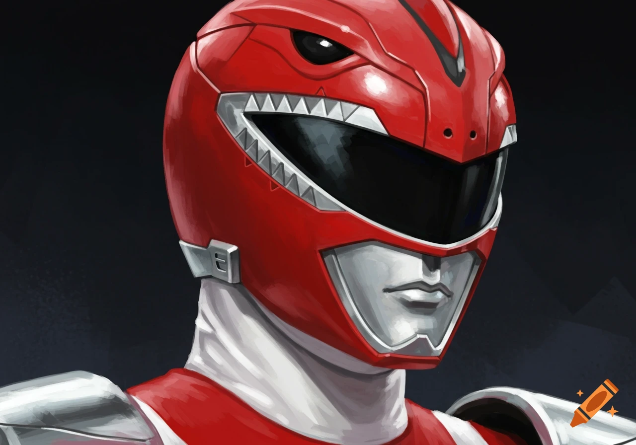 Close-up of a red Power Ranger helmet with silver accents
