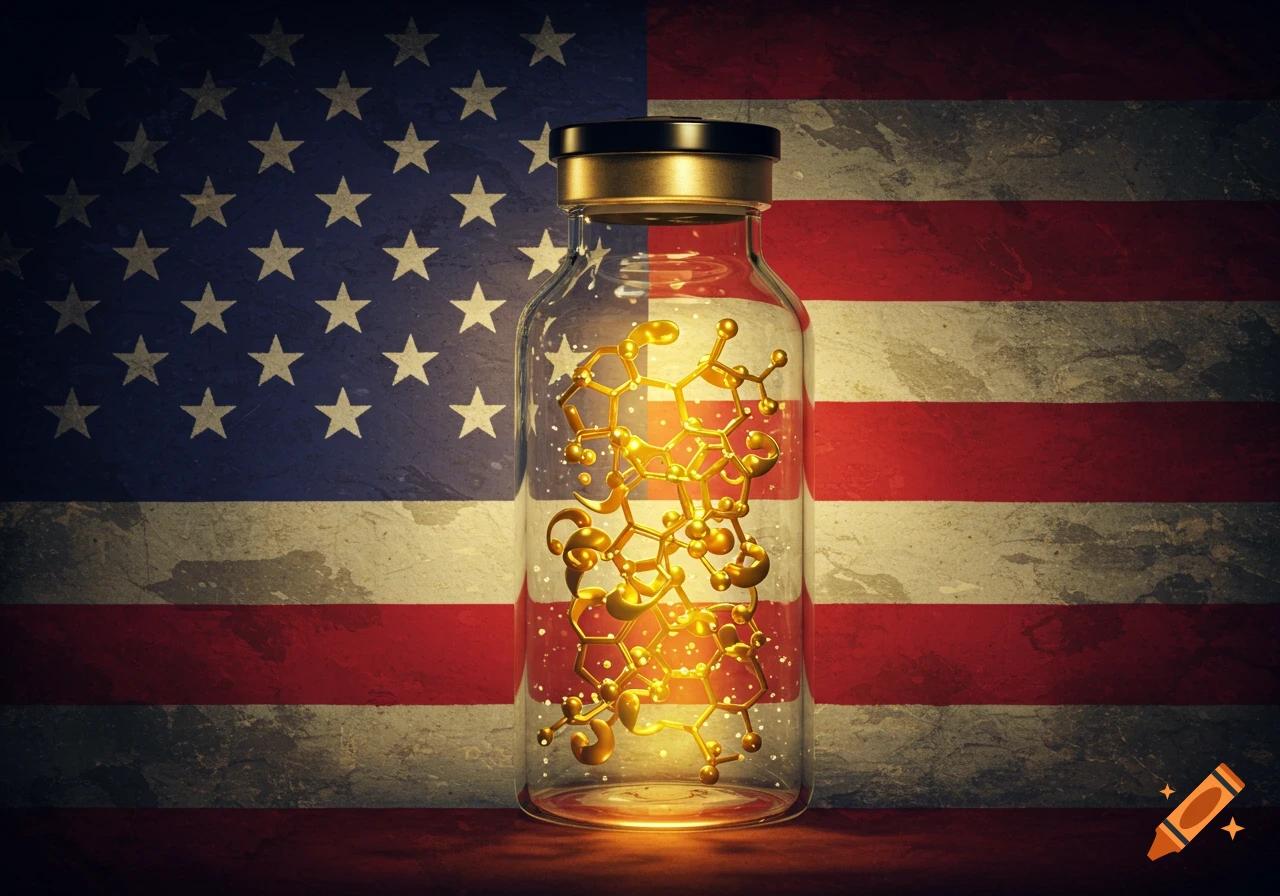A vial with a golden chemical structure inside, set against an American flag.