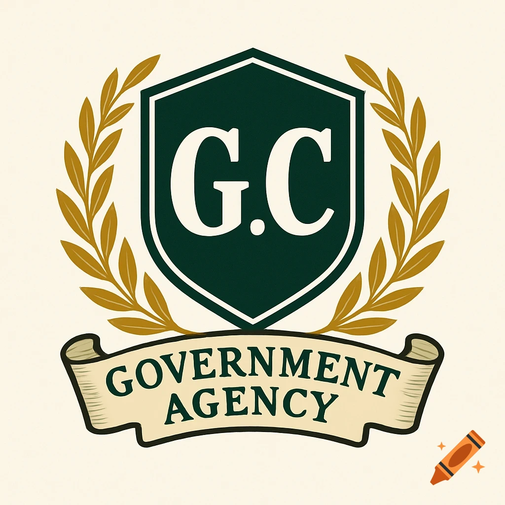 Logo with a dark green shield containing 'G.C.', surrounded by golden branches, and a banner reading 'GOVERNMENT AGENCY'