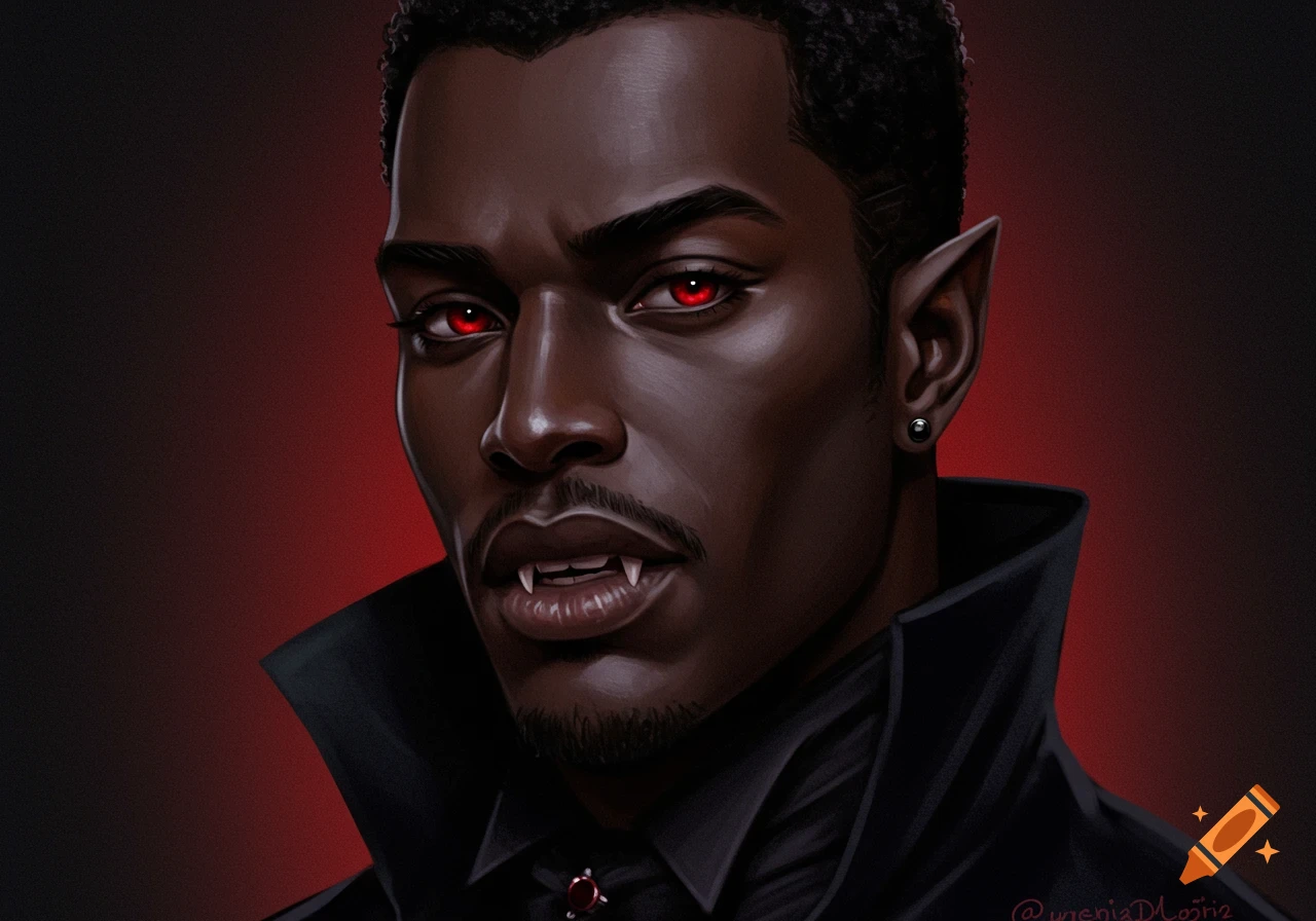 Portrait of a Black man dressed as a vampire with red eyes and fangs