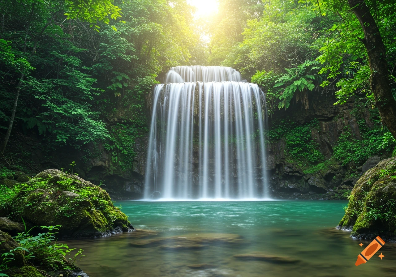 A multi-tiered waterfall flows into a turquoise pool in a lush green forest with sunlight streaming through trees.