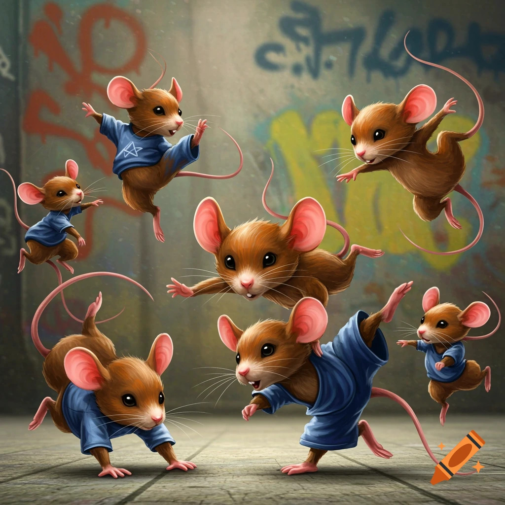 Cute cartoon mice in blue shirts breakdancing against a graffiti wall.