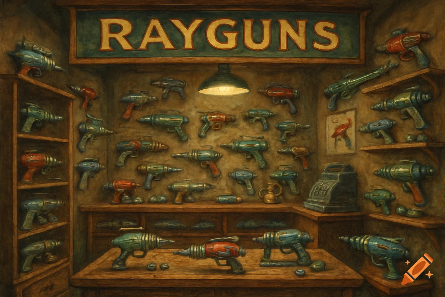 A shop interior is filled with many retro-futuristic rayguns on shelves and a counter. A sign above reads RAYGUNS. Painterly style.