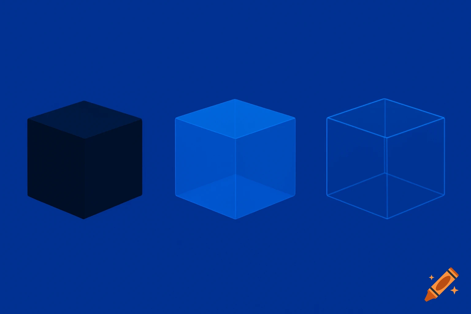 Three isometric cubes, dark opaque, semi-transparent, and wireframe, on a dark blue background.