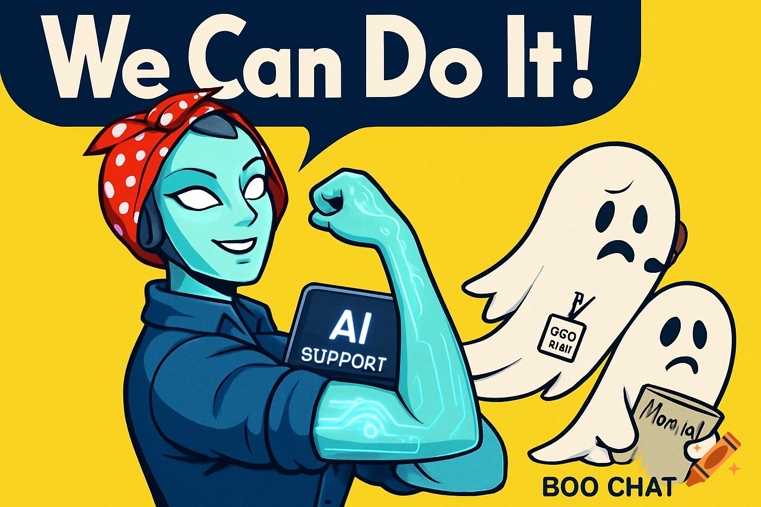 Cartoon AI character like Rosie the Riveter with 'AI Support' tablet, next to sad ghosts.