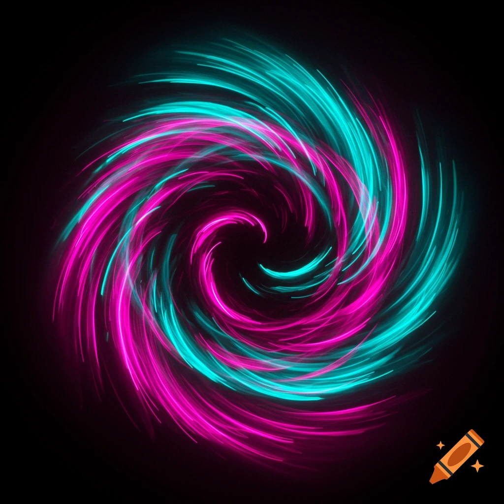 An abstract swirl of glowing pink and teal light trails on a black background.