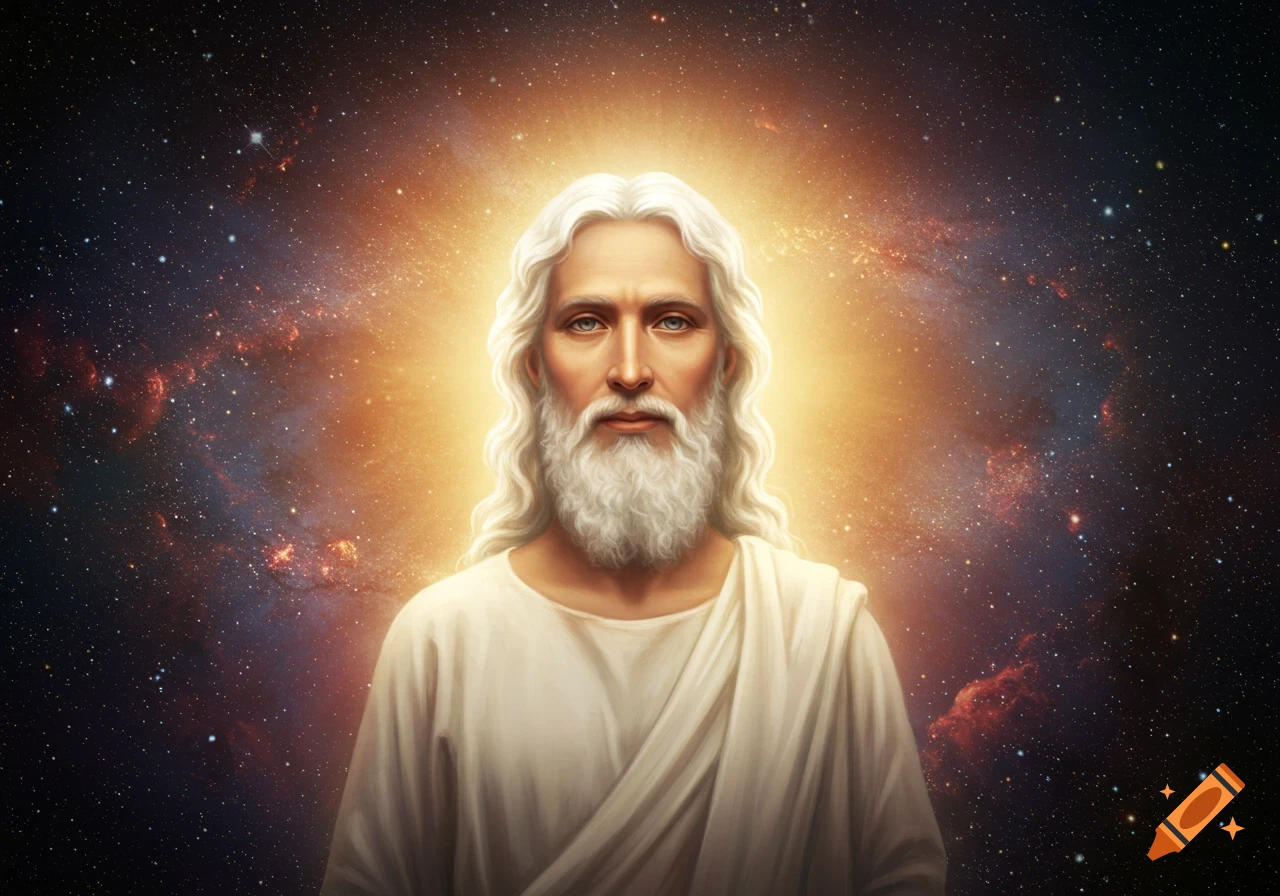 Spiritual figure with white hair and beard in a halo of light against a cosmic background.