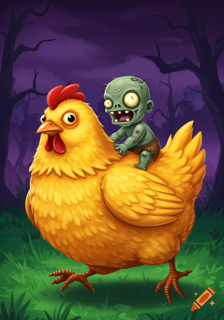 Cartoon illustration of a small zombie riding a large yellow chicken through a spooky forest.