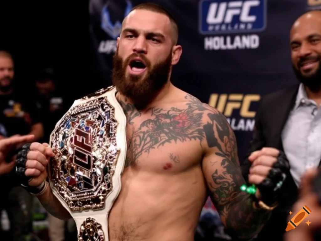 A man with a beard and tattoos holds up a UFC championship belt.