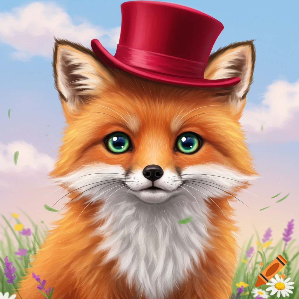 Close-up portrait of a cute fox wearing a red top hat in a field of flowers