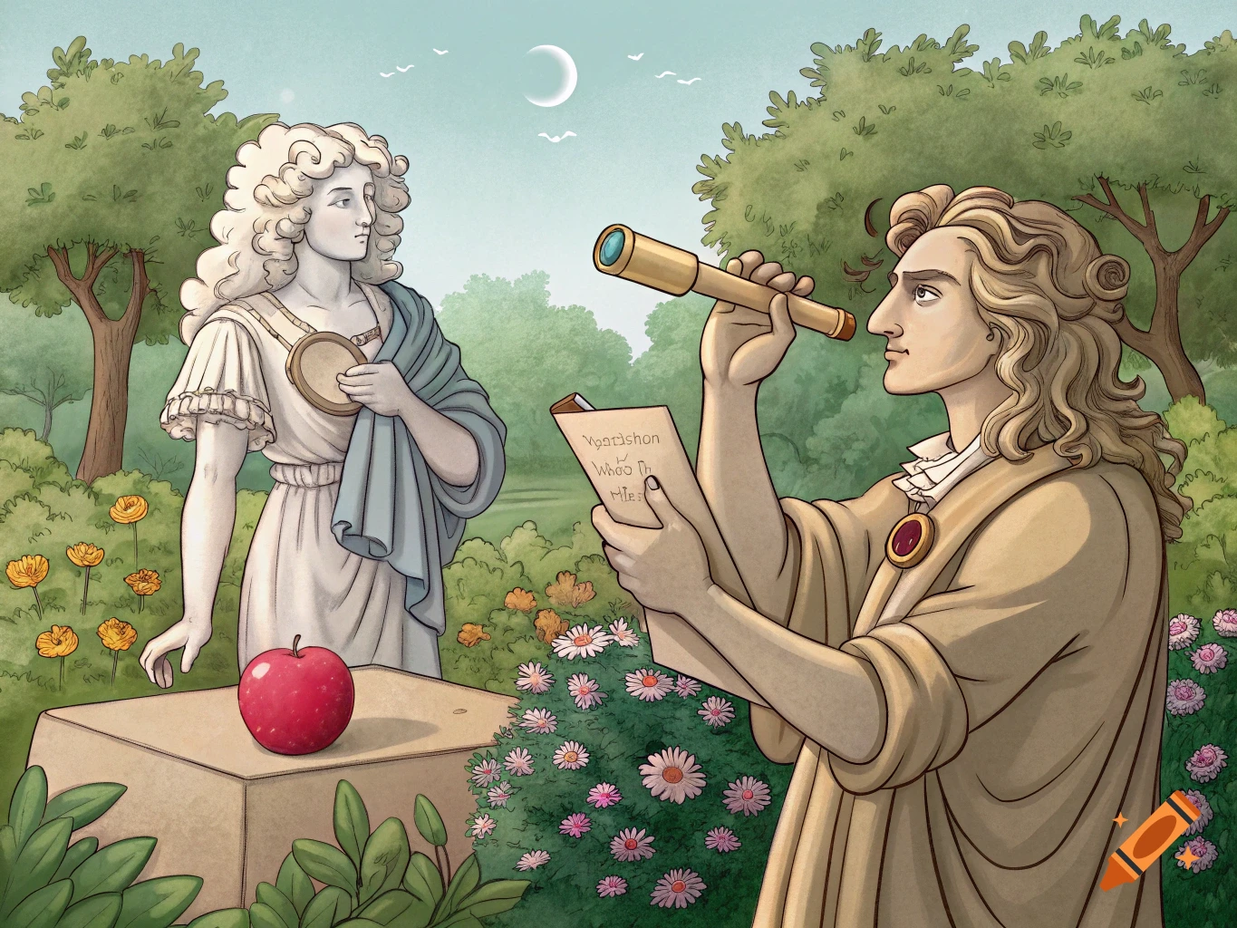 Cartoon illustration of statues of Isaac Newton and Hypatia in a garden, Newton looking through a telescope.