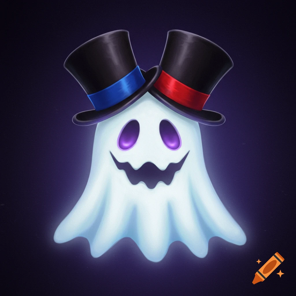 Cartoon ghost wearing two top hats with blue and red bands