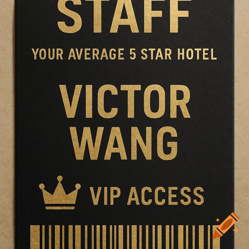 A black and gold staff card with text reading "STAFF", "YOUR AVERAGE 5 STAR HOTEL", "VICTOR WANG", and "VIP ACCESS" next to a crown icon, above a barcode.