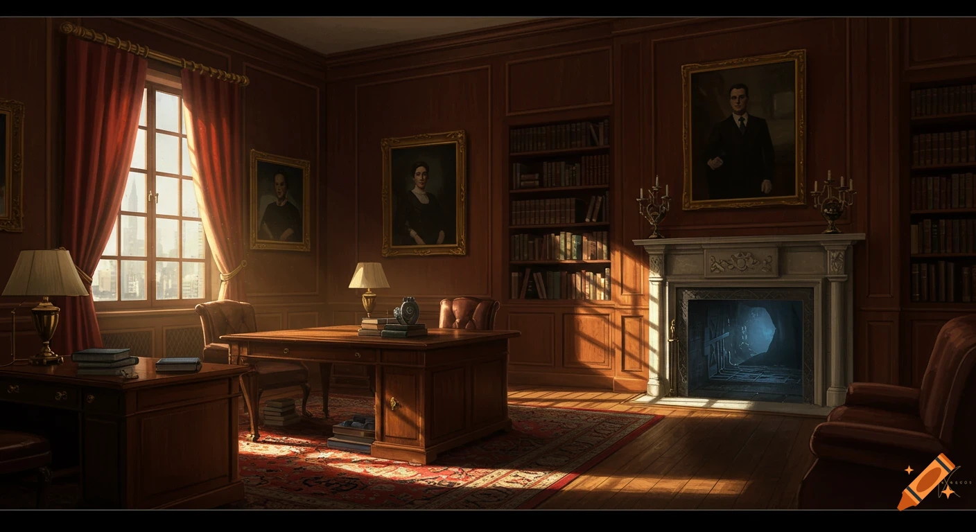 A cinematic illustration of a grand study room with a secret passage lift behind the fireplace.